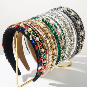 Baroque Vintage Padded Rhinestone Headband For Women Luxury Faux Artificial Pearl Crystal Wide Embellished Hair Band Accessories