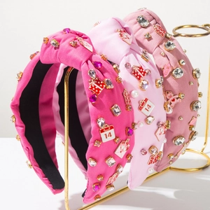 Women Valentine's Day Pink Knot Headband Rhinestone Artificial Pearl Heart Bear Enamel Calendar Charm Wide Hairband Party Accessory
