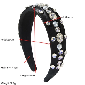 Serre-tête en velours avec cristaux et perles, accessoire cheveux rembourré 4cm
