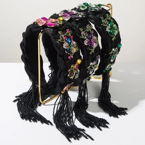 Vintage Geflochtenes Stoff Haarband Mit Strass Schmetterling Blumen Dekor Und Langem Perlen Quasten Retro Party Kopfschmuck Damen