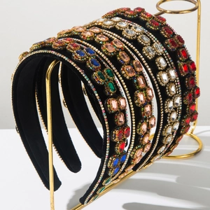 Vintage Baroque Velvet Rhinestone Headband For Women Luxury Wide Padded Hairband Colorful Crystal Hair Hoop Accessories