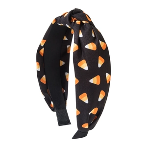 Halloween knotted headband with candy corn print on black fabric for festive party hair decor