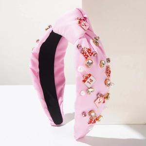 Pink knotted headband with Valentine-themed charms, pearls and crystals for women