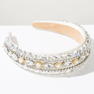 Detail showing luxurious baroque headband with crystal marquise gems and white pearls