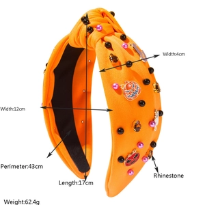 Halloween Knoten-Haarreif aus orangefarbenem Stoff, Perlenkürbis und Geisteranhänger mit Strass