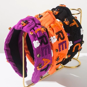 Halloween Knot Headband Rhinestone Beadwork Pumpkin Ghost Pattern Hand-stitched Fabric Hairband For Women Party Accessory