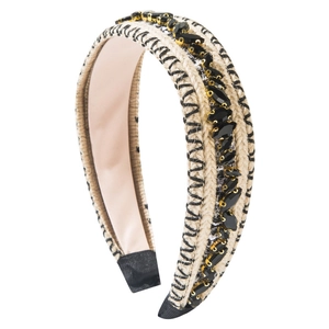 Chic beige woven wide headband with black stitches and sparkling black rhinestones