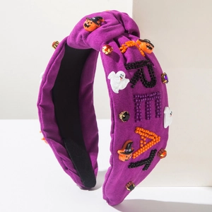 Halloween purple velvet headband with beadwork ghost pumpkin and TREAT lettering