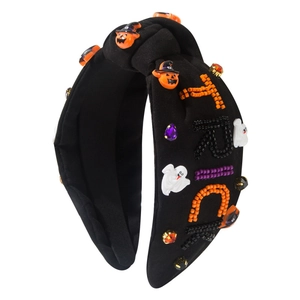 Handmade Halloween headband with beaded Trick text, pumpkin, and ghost charms for women