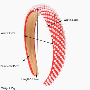 Detail view of red pearl headband with dimensions 13cm width and 16.5cm height