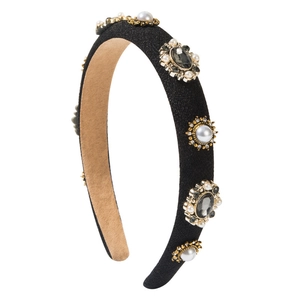 Baroque style padded headband with faux pearls and rhinestones on black fabric base