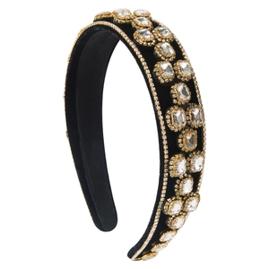 Luxury Baroque black velvet headband with large crystal embellishments and golden claw settings