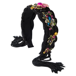 Handgewebtes schwarzes Stirnband mit glitzernden Strassblumen und hängenden Perlenquasten