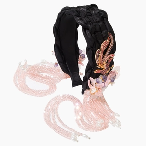 Braided black satin headband with Phoenix metal accents and pink pearl tassel fringe