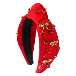 Cerchietto rosso con nodo e decorazioni a ciliegia in cristallo e strass verdi