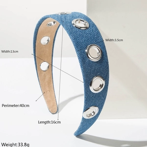 Blue denim headband for women featuring silver metal eyelets and a wide fashion design