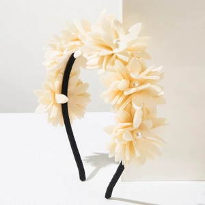 Elegant cream fabric flower headband with pearls on black base for women fashion