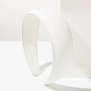 Minimalist white faux leather wide headband with lychee grain texture and stitching