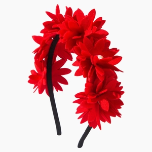 Fashionable red floral headband with 3D fabric petals and white pearls for women