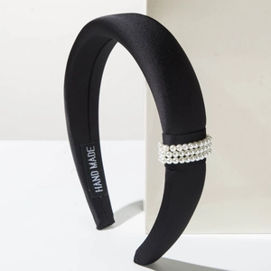 Elegant black padded sponge headband with pearls and silk texture for women
