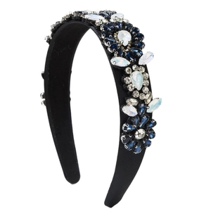 Serre-tête baroque rembourré avec cristaux bleus de luxe et motifs floraux de gemmes