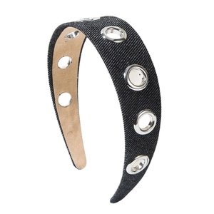 Fashionable black denim wide headband with silver metal eyelets for women