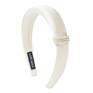 Elegant white satin padded headband with three rows of pearls and handmade tag
