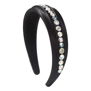 Elegant wide black velvet headband featuring pearls and rhinestones on a white background
