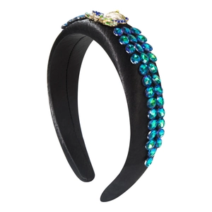 Elegant black satin padded headband with turquoise rhinestones and a gold cicada accent