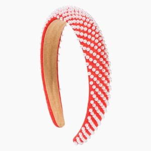 Vintage wide headband with vibrant red fabric and dense white pearl embellishments