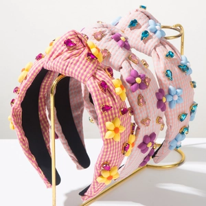 Serre-tête Rembourré en Gingham Avec Fleur en Résine et Strass Bandeau Large à Nœud pour Femme Fête Accessoires Cheveux