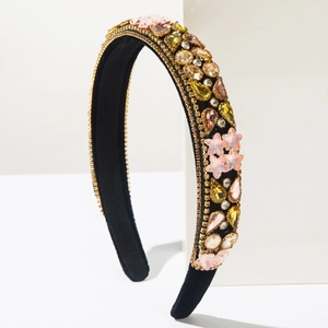 Macro side view of baroque padded headband with multi-color crystals and rhinestones