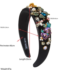 Detailed view of handmade baroque headband with crystals, pearls and size dimensions