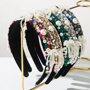 Baroque Vintage Rhinestone Headband With Faux Artificial Pearl Bow Tassel Luxury Velvet Padded Hair Band For Women Wedding Party Accessory