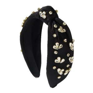 Elegante cerchietto nero con nodo e strass scintillanti in stile vintage barocco