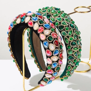 Cerchietto Barocco in Velluto Imbottito per Donna Lusso Strass Multicolore Perla Artificial Sintetica Fascia Capelli Retro Spessa Spugna