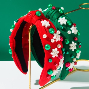 Serre-tête De Noël Festif Avec Nœud Flocons De Neige Et Künstliche Perles Rouge Vert Serre-tête En Tissu Pour Femme Décoration Fête