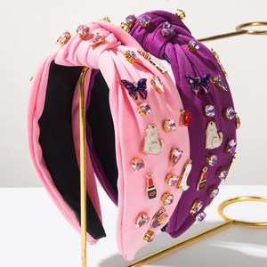 Serre-Tête Noué en Tissu pour Femmes Avec Breloques Papillon Chat Rouge à Lèvres Ornées de Strass Accessoires de Cheveux Élégants