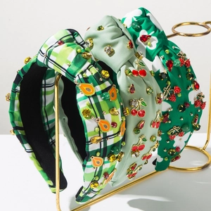 Women Korean Style Knotted Fruit Headband Wide Fabric Gingham Floral Hair Band Alloy Rhinestone Cherry Avocado Accessories