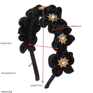 Detail showing dimensions of black fabric flower headband with pearls and rhinestones