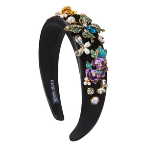 Baroque black satin headband with purple flowers, pearls and crystal butterfly accents