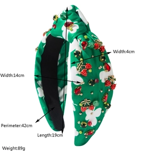 Green silk headband with floral pattern and jeweled strawberry charms for women