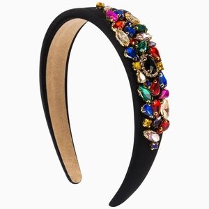 Padded black fabric headband with colorful rhinestones and sparkling crystals for women