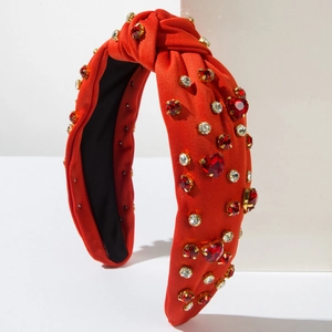 Orange knotted headband with sparkling ruby heart crystals and rhinestones for women