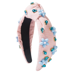 Serre-tête style coréen à carreaux roses avec fleurs bleues et cristaux brillants
