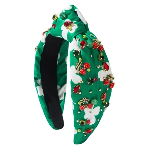 Green satin knotted headband with strawberry pendants and rhinestone floral accents