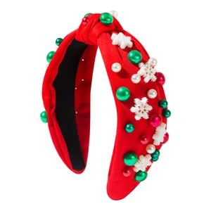 Serre-tête de Noël large avec nœud en tissu rouge, perles et flocons de neige blancs