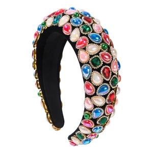 Cerchietto imbottito barocco con strass colorati su base in tessuto di velluto nero