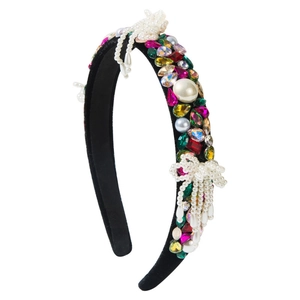 Baroque retro headband with colorful rhinestones, imitation pearls and a side ribbon bow