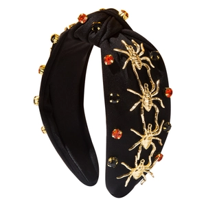 Serre-tête noué gothique noir avec araignées dorées et strass multicolores